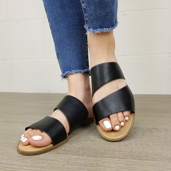 Black Vegan Leather Flat Comfort Sandals - Picture 4 of 7